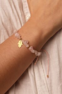 Pulsera Piedra Picada Cuarzo Rosa Hamsa