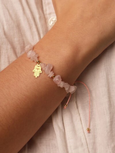 Pulsera Piedra Picada Cuarzo Rosa Hamsa